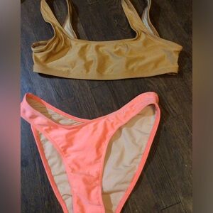 NEW! Mismatched Los Angeles ApparelTwo-Piece Bikini Set in Tan and Coral